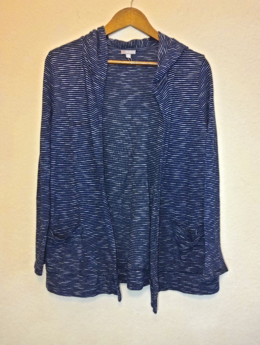 Talbots Hooded Cardigan Womens‎ P Navy Blue White Stripe Patch Pocket Nautical